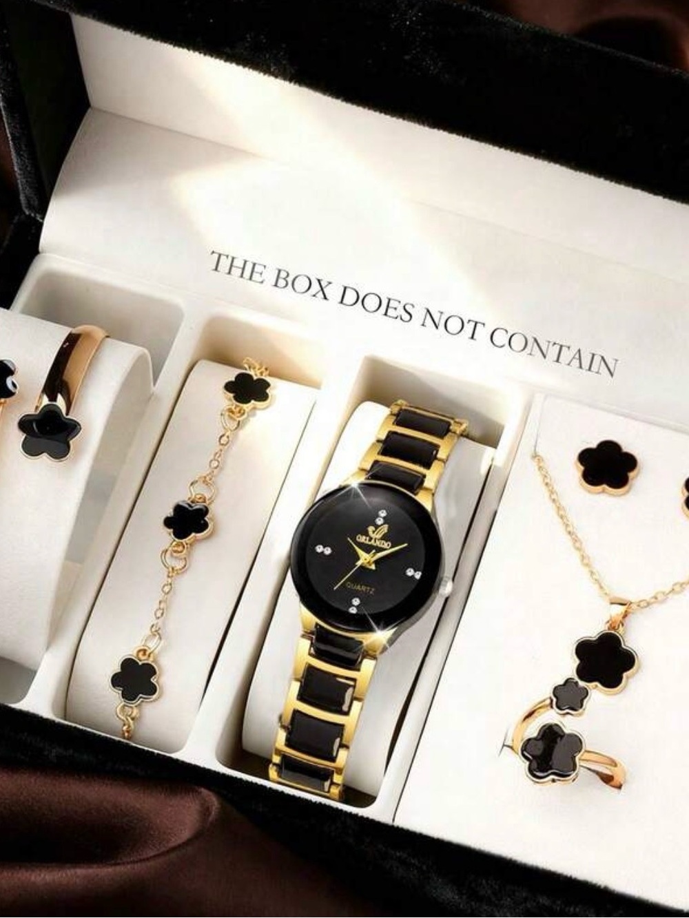 Gold and Black Women's Watch and Jewelry Set - Elegant Floral Accents